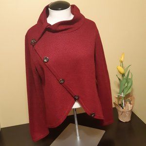 Deep Red Cowl Neck Asymmetrical Button Open Hemmed Sweater